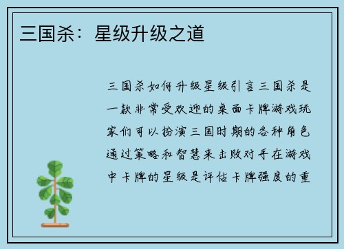 三国杀：星级升级之道